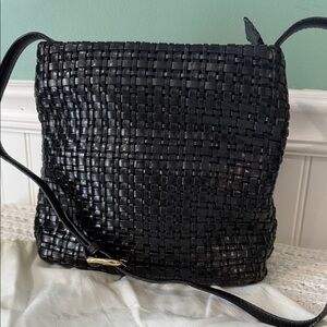 Vintage Leather 111 State Elegant Black Woven Crossbody Bag with brass accents